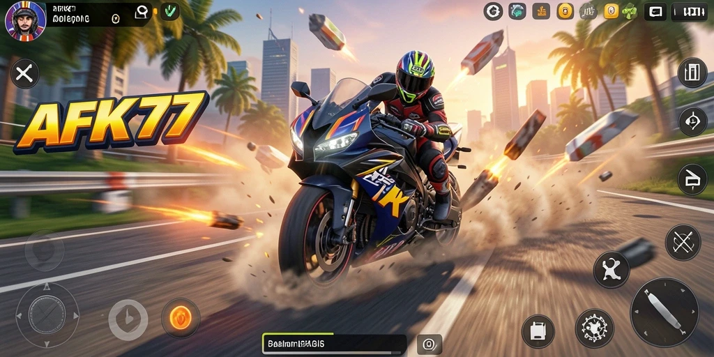 Screenshot AFK77 menampilkan aksi balapan motor yang mendebarkan.