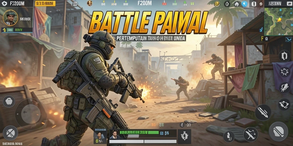Screenshot dari gameplay F200M menunjukkan intense battle Royale.