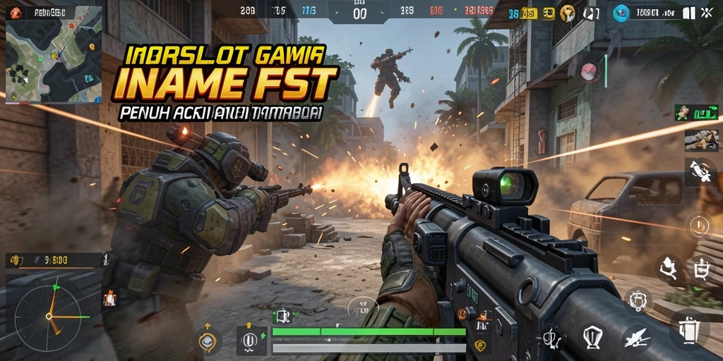 Tampilan antarmuka permainan FPS yang intens dan mendebarkan.