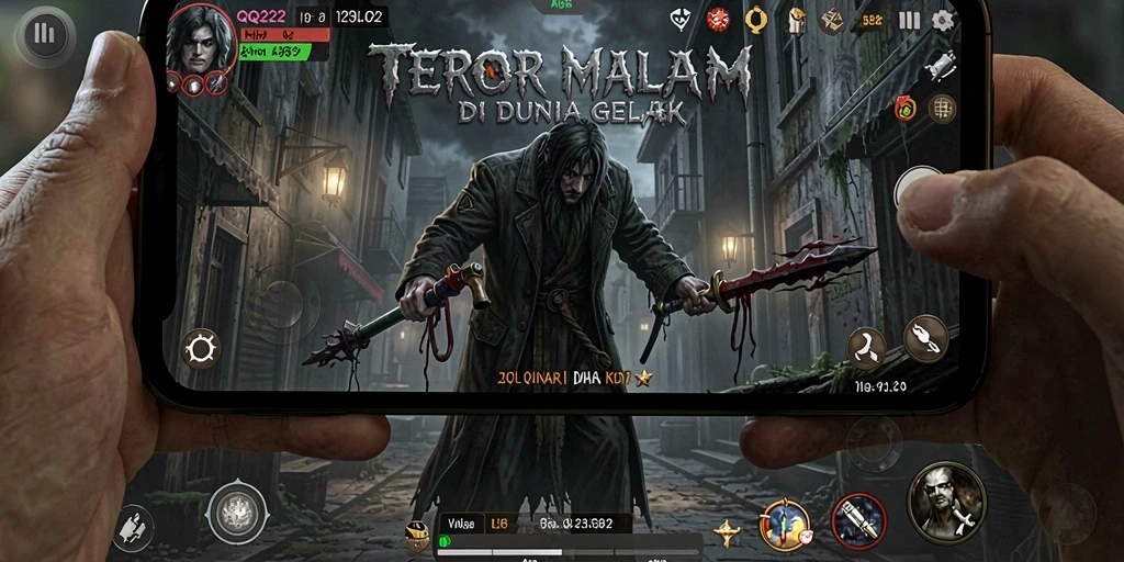 Screenshot gameplay menakutkan dari QQ222 dalam suasana horor.