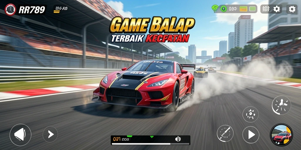 Tampilan gameplay seru dari RR789 di lintasan balap yang menegangkan.