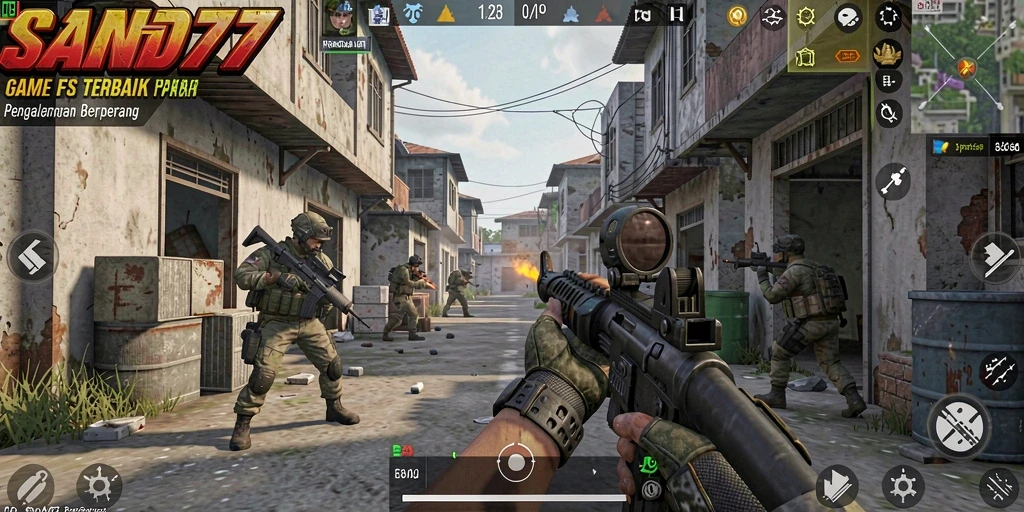 Tangkapan layar gameplay intens dari SAND77 dengan aksi menembak yang seru.